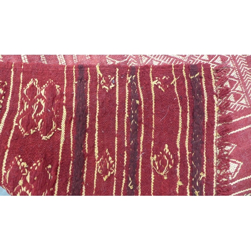 207 - Mid 20th century Moroccan embroidered Kilim, red field with ivory patterned panels and borders, 194 ... 