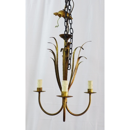 212 - Chandelier, three branch with leaf design, in gilded metal,  approx. 42 x 35cm