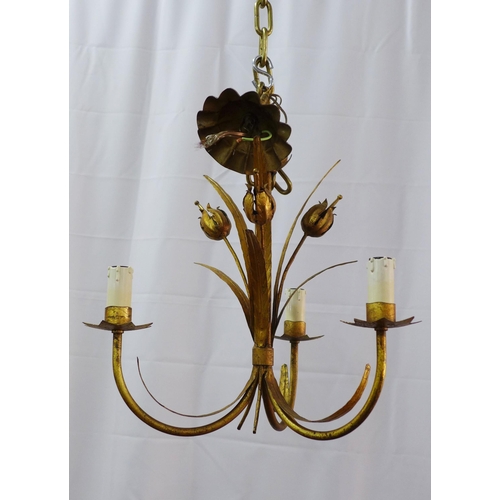 213 - Chandelier, three branch with poppy seed head design, in gilded metal,  approx. 32 x 35cm