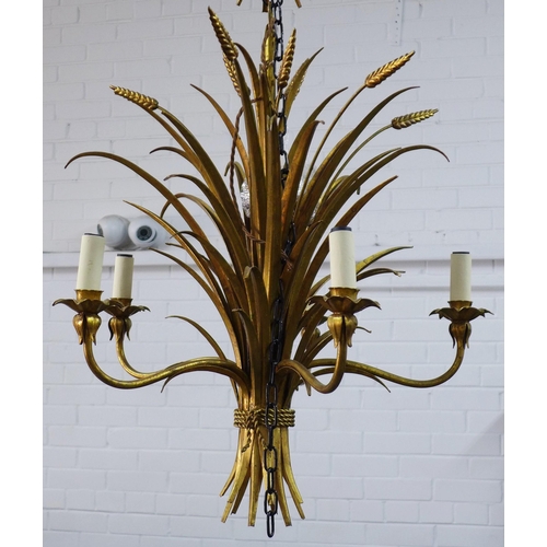 216 - Chandelier, wheatsheaf design with five branches, in gilded metal,  approx. 70 x 55cm