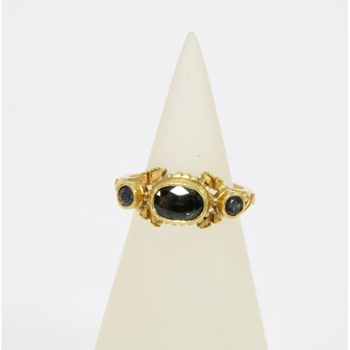 22 - Sapphire three stone  ring in the Etruscan style set in yellow metal stamped k22, size I