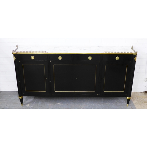 221 - French credenza retailed by Mercier Freres, Paris, with a marble top and brass gallery over an eboni... 