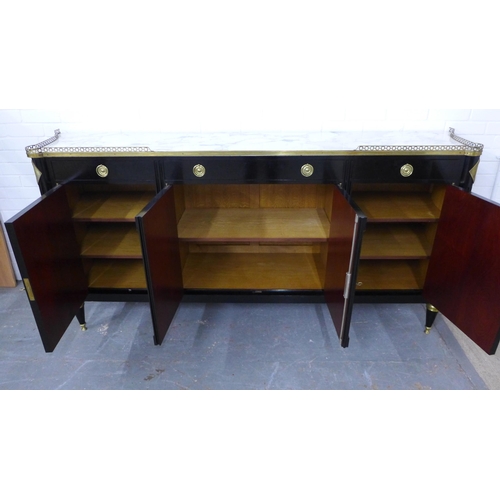 221 - French credenza retailed by Mercier Freres, Paris, with a marble top and brass gallery over an eboni... 