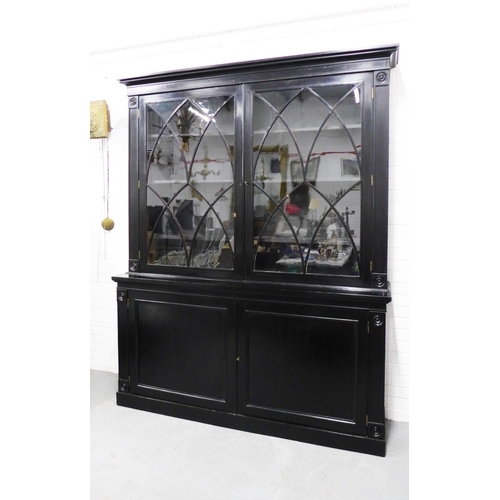 224 - 19th century black lacquered bookcase cabinet, cornice top above a pair of astragal glazed doors wit... 