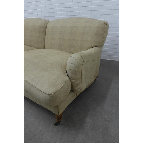 226 - Contemporary two seater settee of traditional design, upholstered in beige with a gold sheen, on mah... 