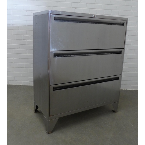 227 - Industrial style polished steel chest with three long drawers and bracket feet,  113 x 92 x 46cm.