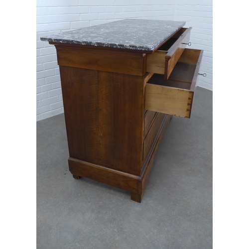 229 - Empire style walnut commode with black marble top, four long drawers and plinth base,  102 x 131 x 6... 