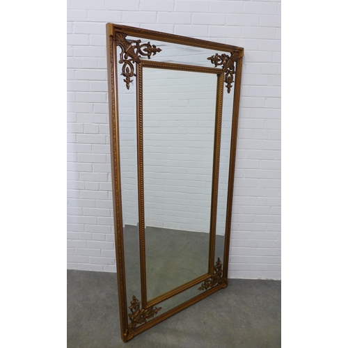 230 - Large gilt framed wall mirror with beaded inner border and mirrored outer border. 184 x 92cm.