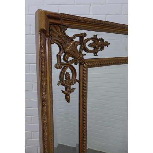 230 - Large gilt framed wall mirror with beaded inner border and mirrored outer border. 184 x 92cm.