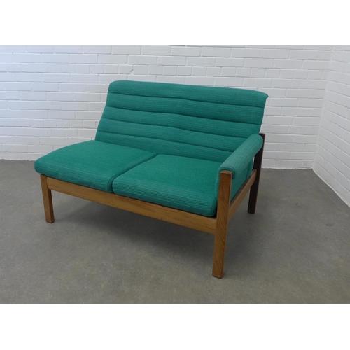 236 - Mid century two seater settee, upholstered in green wool mix fabric with a single end arm and teak f... 