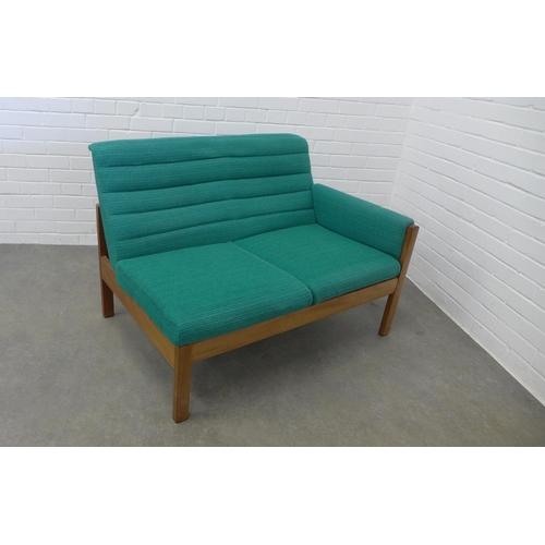 236 - Mid century two seater settee, upholstered in green wool mix fabric with a single end arm and teak f... 