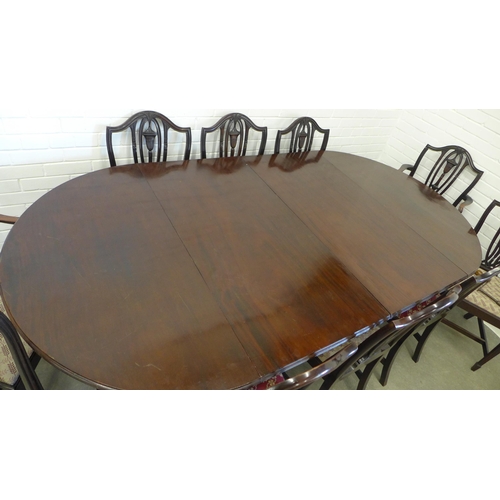 239 - Mahogany extending dining table with a set of 10 chairs including two carver chairs. 75 x 241 x 122c... 