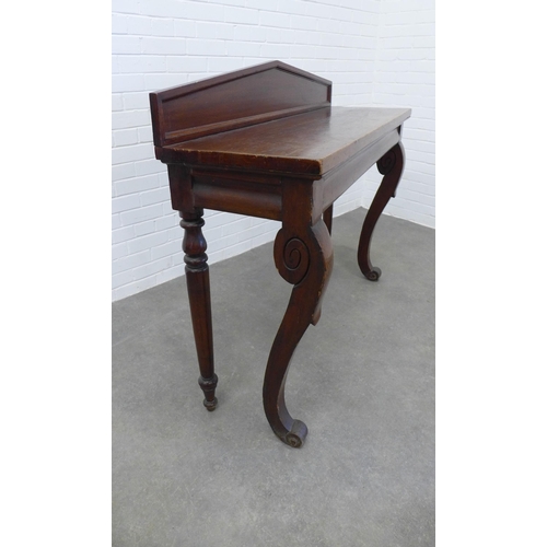 243 - Late 19th / early 20th century mahogany ledge back table, cabriole front legs,  112 x 130 x 45