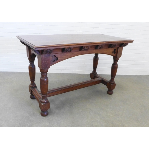 244 - Late 19th / early century gothic oak table, rectangular top with a moulded  edge, over an arched fri... 