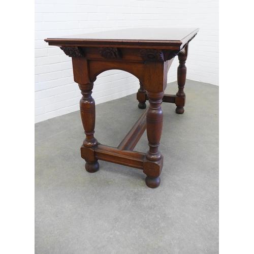 244 - Late 19th / early century gothic oak table, rectangular top with a moulded  edge, over an arched fri... 