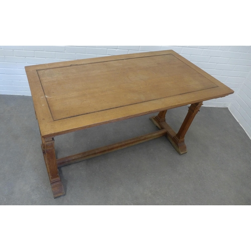 245 - Gothic Revival light oak table by Morison & Co Edinburgh, rectangular top on trestle end supports, u... 