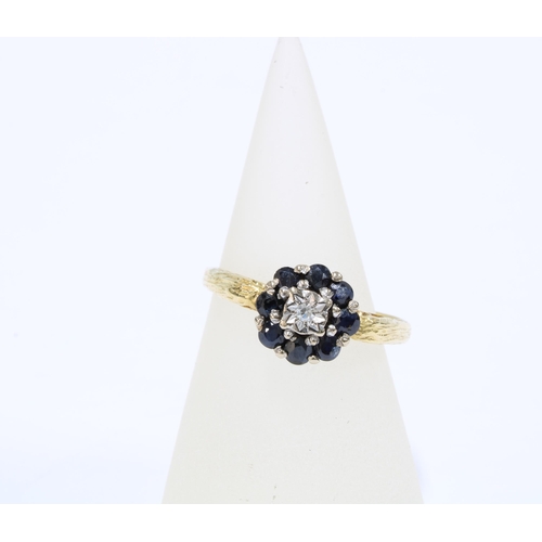 26 - 18ct gold sapphire and diamond cluster ring, London 1970 hallmark, size O