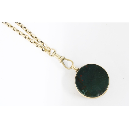 30 - Victorian 9ct gold mounted hardstone fob, Birmingham 1891, on a yellow metal chain, clasp stamped 9c... 