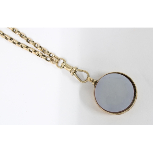 30 - Victorian 9ct gold mounted hardstone fob, Birmingham 1891, on a yellow metal chain, clasp stamped 9c... 