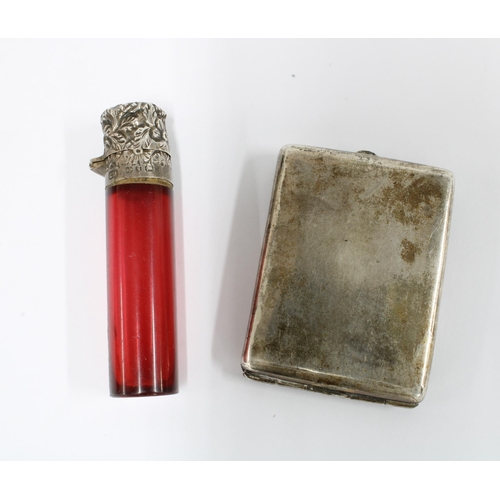 31 - Chinese silver match / stamp case, marked WK 90 together with a Victorian cranberry glass and silver... 