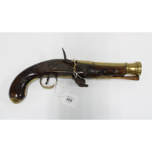 385 - 19th century blunderbuss pistol, brass barrel, lock plate indistinctly marked and barrel with person... 