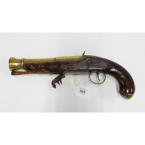 385 - 19th century blunderbuss pistol, brass barrel, lock plate indistinctly marked and barrel with person... 