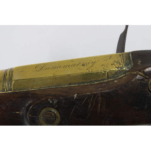 385 - 19th century blunderbuss pistol, brass barrel, lock plate indistinctly marked and barrel with person... 