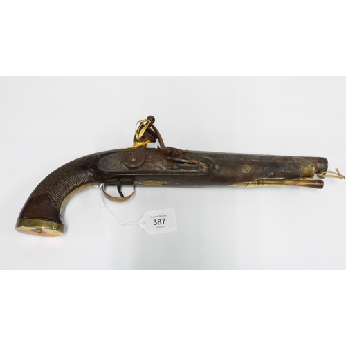 387 - 19th century flintlock pistol, 22cm steel barrel, engraved lock plate, brass trigger guard and flat ... 