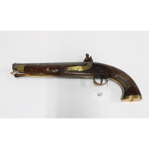 387 - 19th century flintlock pistol, 22cm steel barrel, engraved lock plate, brass trigger guard and flat ... 