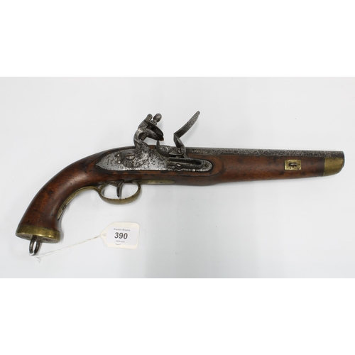 390 - 19th century flintlock pistol, 23cm barrel, brass guard and handle butt, 40cm long