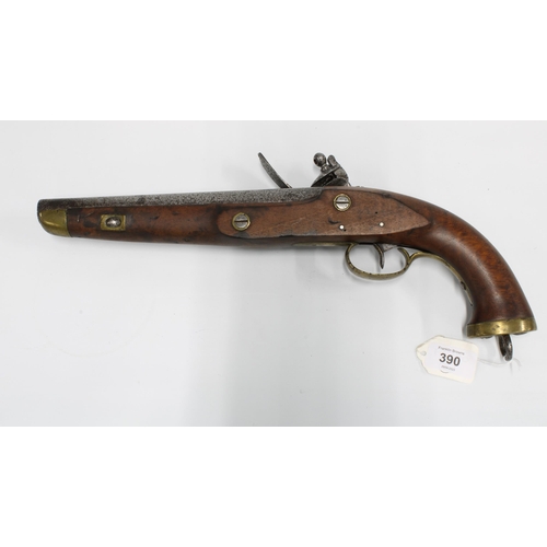 390 - 19th century flintlock pistol, 23cm barrel, brass guard and handle butt, 40cm long