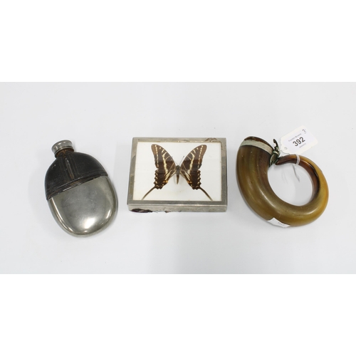 392 - Scottish curly horn snuff mull (a/f), pewter mounted glass hip flask and a framed butterfly (3)