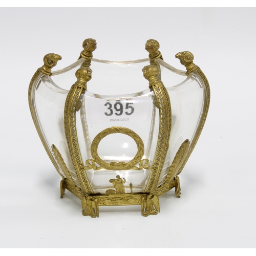 395 - 19th century glass bowl, likely French, with hexagonal gilt metal frame with rams head finials, on a... 