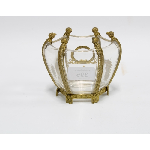 395 - 19th century glass bowl, likely French, with hexagonal gilt metal frame with rams head finials, on a... 