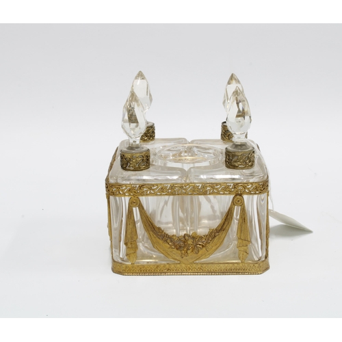 396 - 19th century scent bottle stand, likely French, four bottles with metal collars & cut glass stoppers... 