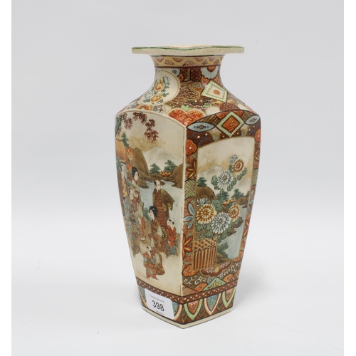 398 - Japanese earthenware Satsuma type vase, square form with flared rim and decorated with figures withi... 