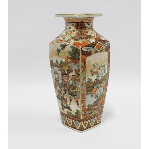 398 - Japanese earthenware Satsuma type vase, square form with flared rim and decorated with figures withi... 