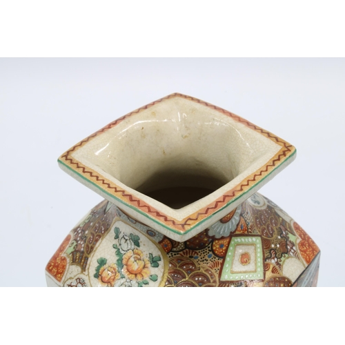 398 - Japanese earthenware Satsuma type vase, square form with flared rim and decorated with figures withi... 