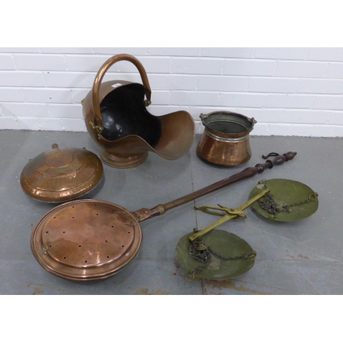 404 - Copper bed warming pan, a copper coal bucket, brass weighing scales ETC.