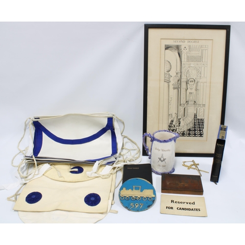 406 - Metal box containing masonic memorabilia and a framed Masonic print (a lot)