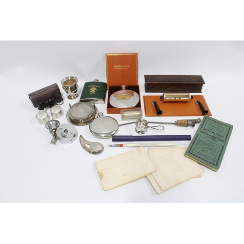 408 - Mixed lot to include vintage road maps, drinking flasks, EPNS coasters, pewter napkin rings, desk ca... 