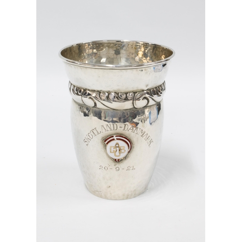 44 - Danish silver beaker vase, circa 1921, with red and white enamel plaque and engraved inscription Sko... 