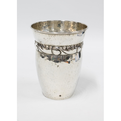 44 - Danish silver beaker vase, circa 1921, with red and white enamel plaque and engraved inscription Sko... 