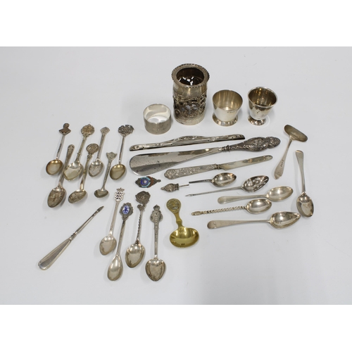 45 - Birmingham silver to include an egg cup, glass holder, shot cup, shoe horn butter knife, Sheffield s... 