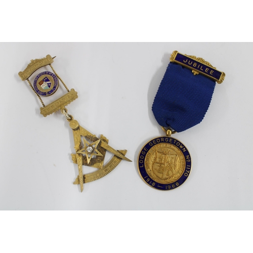 59 - Masonic silver gilt medal and another, 2 antique hair Alberts and a collection of seven silver brooc... 