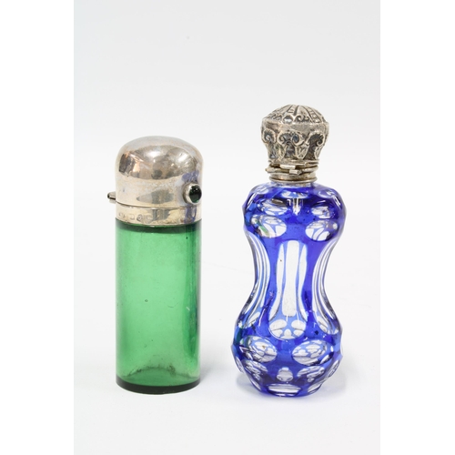 62 - Victorian silver mounted and green glass scent bottle, Birmingham 1898 and a blue flashed glass scen... 