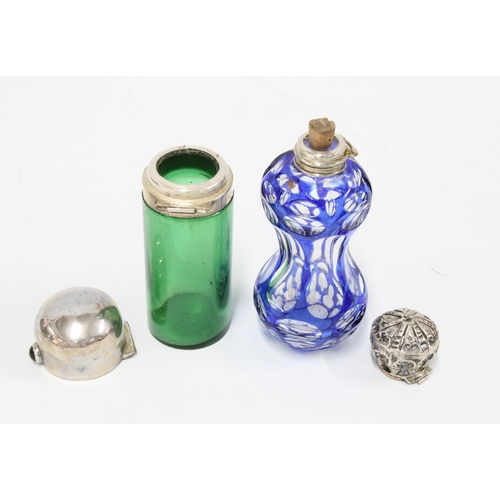 62 - Victorian silver mounted and green glass scent bottle, Birmingham 1898 and a blue flashed glass scen... 