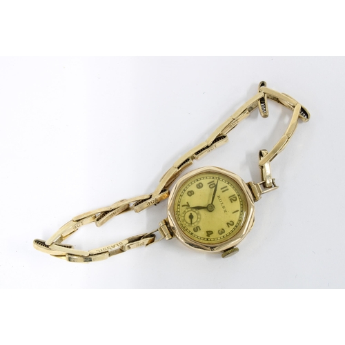 66 - Ladies early 20th century 9ct gold case Rolex wristwatch on a 9ct gold strap