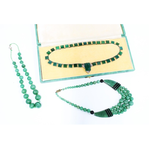 70 - Art Deco steel marcasite and green hardstone necklace in original box, together with two strands of ... 