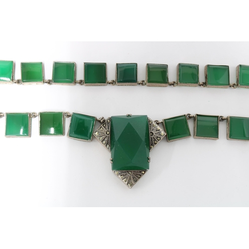 70 - Art Deco steel marcasite and green hardstone necklace in original box, together with two strands of ... 